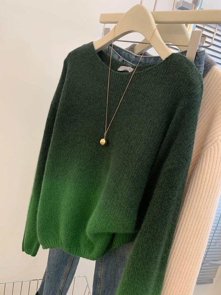 Autumn Winter Green Gradient Elegant Short Sweater Women Korean Fashion Elegent O-neck Long Sleeve Festival Knit Pullover Tops