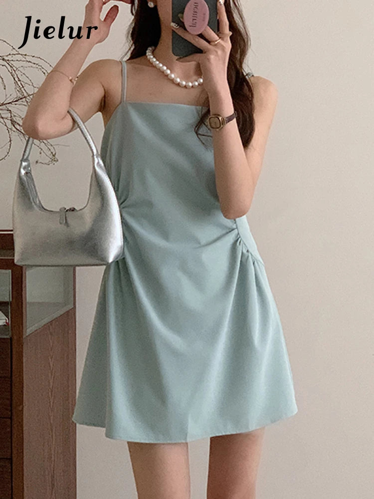 Summer Light Blue Spaghetti Strap Women's Dresses French Style Solid Color Pleated Sleeveless Fashion Streetwear Outfits