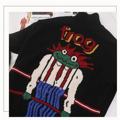 Load image into Gallery viewer, Women&#39;s Cartoon Forg Embroidery Knitted Sweaters 2023 Winter Thick Warm Vintage Jacquard Sweater Knit Pullovers
