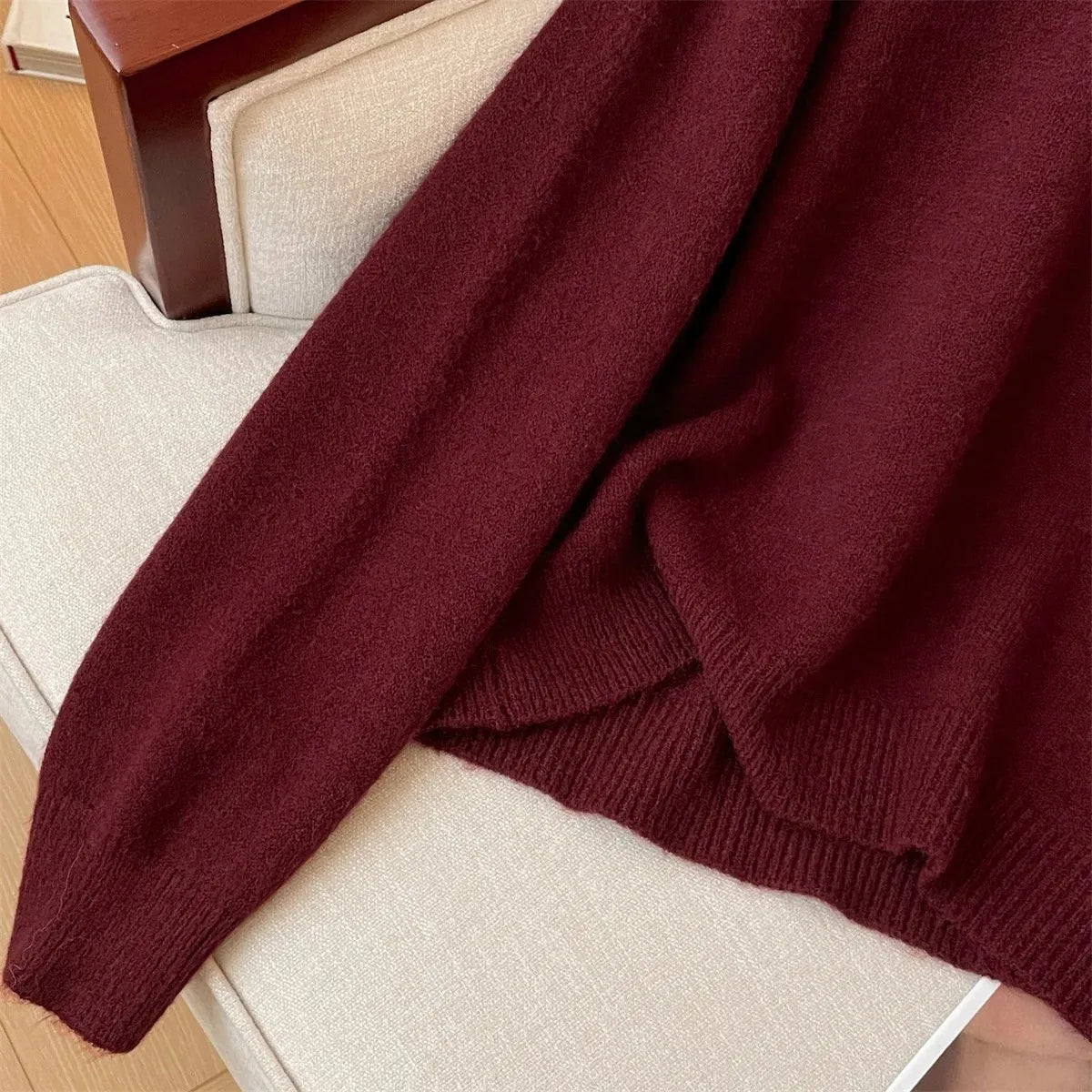 Korean Autumn Winter Beige Diamonds Long Sleeves Loose Knit Crochet Sweater Women's Red Round Neck Versatile Short Pullover Tops