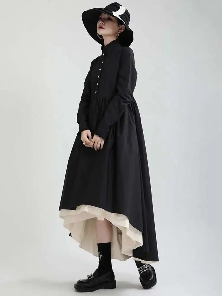 Women Black Layers Irregular Long Elegant Dress New Stand Collar Long Sleeve Fashion Tide Spring Autumn 2025 1DH9894