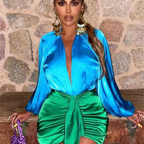 Load image into Gallery viewer, Sexy Deep V-neck Satin Two Piece Set Women Long Sleeve Top Short Skirt Sets Matching Casual Partywear Winter Women Set
