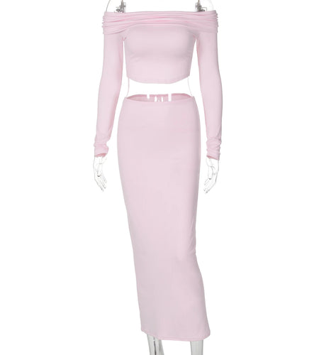 Women Casual Outfit Solid Long Sleeve Sexy Slim Crop T-Shirt Maxi Skirt Autumn Y2K Clothes Streetwear Festival