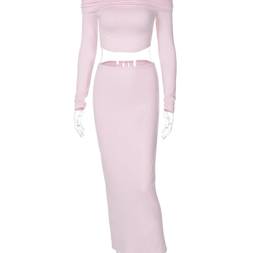 Load image into Gallery viewer, Women Casual Outfit Solid Long Sleeve Sexy Slim Crop T-Shirt Maxi Skirt Autumn Y2K Clothes Streetwear Festival
