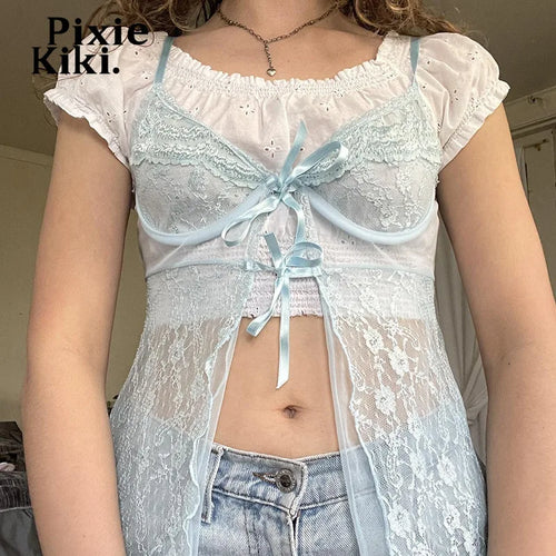 Load image into Gallery viewer, Mint Green Bow Tie Lace Mesh Patchwork Camis Top Transparent Cardigan Tank Tops Women Y2k Coquette Clothes P67-CF10
