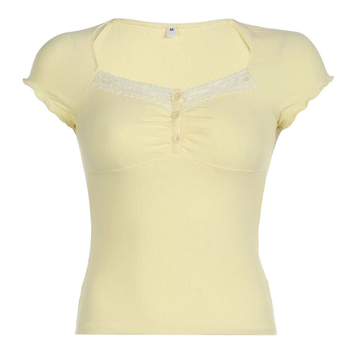 Load image into Gallery viewer, Korean Fashion Yellow Folds Lace Trim Women T-shirts Buttons Cutecore Kawaii Cropped Top Basic Frills Tee Clothes Y2K
