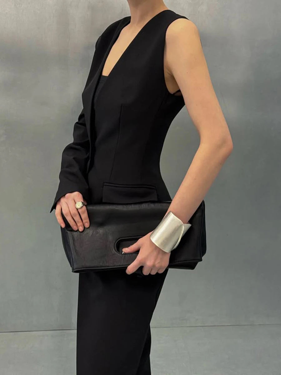 Solid Two Piece Set For Women  V Neck Sleeveless Tunic Coat High Waist Temperament Pant Sets Female Fashion Style