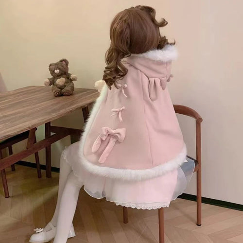 Load image into Gallery viewer, Kawaii Fur Patchwork Loose Sweet Hooded Cloak Coats Japanese Lolita Bandage Cete Jackets Y2k Aesthetic Grunge Bow Women Tops

