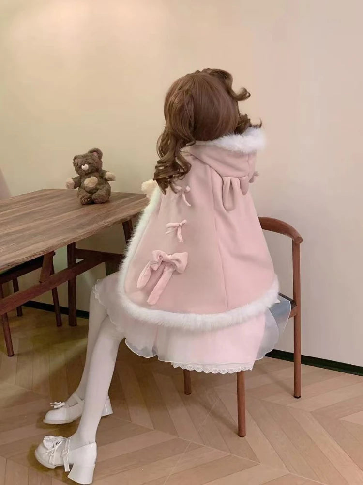 Kawaii Fur Patchwork Loose Sweet Hooded Cloak Coats Japanese Lolita Bandage Cete Jackets Y2k Aesthetic Grunge Bow Women Tops
