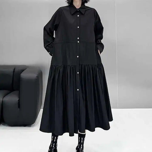 Load image into Gallery viewer, Women Black Big Size Elegant Shirt Dress Brief Pleated Hem New Lapel Long Sleeve Fashion Tide Spring Autumn 2025 1DH9327
