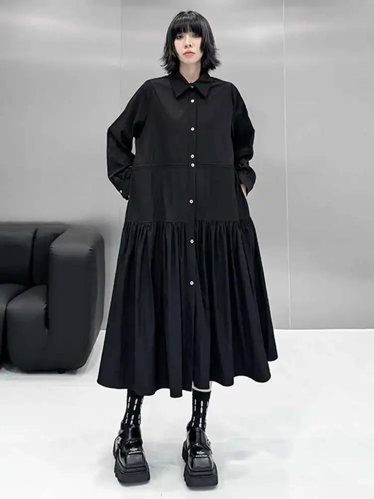 Women Black Big Size Elegant Shirt Dress Brief Pleated Hem New Lapel Long Sleeve Fashion Tide Spring Autumn 2025 1DH9327