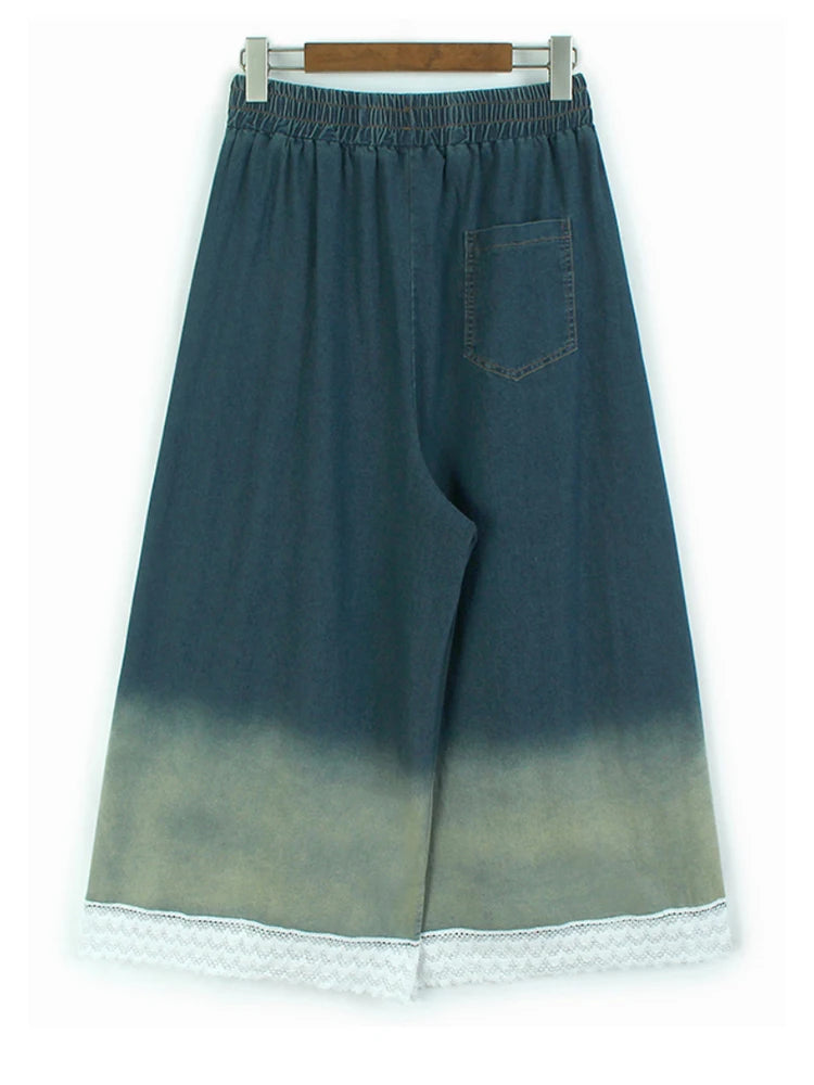 High Waist Blue Gradual Color Lace Hem Denim Wide Leg Jeans New Women Trousers Fashion Tide Spring Autumn 2025 1DJ1189