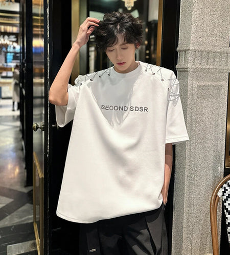 Men's Short Sleeve T-shirts New Summer Metal Chain Design Pad Shoulder Trendy Letter Print Fashion Style Male Top 9W1663