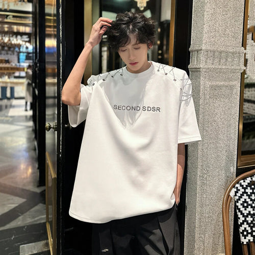 Load image into Gallery viewer, Men's Short Sleeve T-shirts New Summer Metal Chain Design Pad Shoulder Trendy Letter Print Fashion Style Male Top 9W1663

