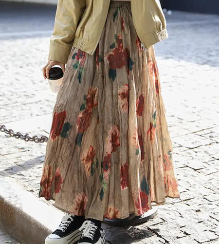 Spring Summer French Retro Brown Print Slim Long Skirt Women High Waist Elegant Vacation Pleated Skirt Bohemian Popular Fashion
