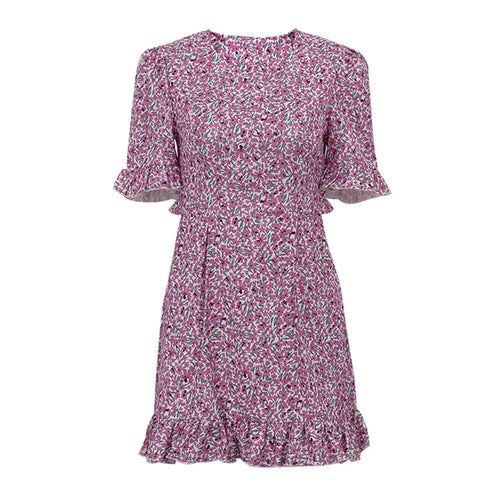 Load image into Gallery viewer, Short Ruffle Sleeve Floral Dress For Women Fashion O Neck High Waist A-line Loose Backless Sexy Mini Dress Elegant
