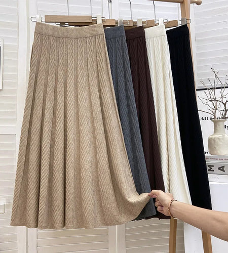 Women Solid Slim Knitted Long Skirt 2023 Fall Winter Thick Warm Vintage Striped A Line Elastic High Waist Midi Skirt Female Chic