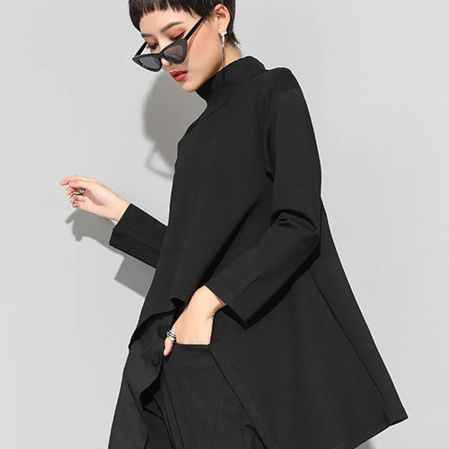Load image into Gallery viewer, Spring Autumn  High Collar Long Sleeve Black Irregular Hem Loose T-shirt Women Fashion Tide All-match JK397
