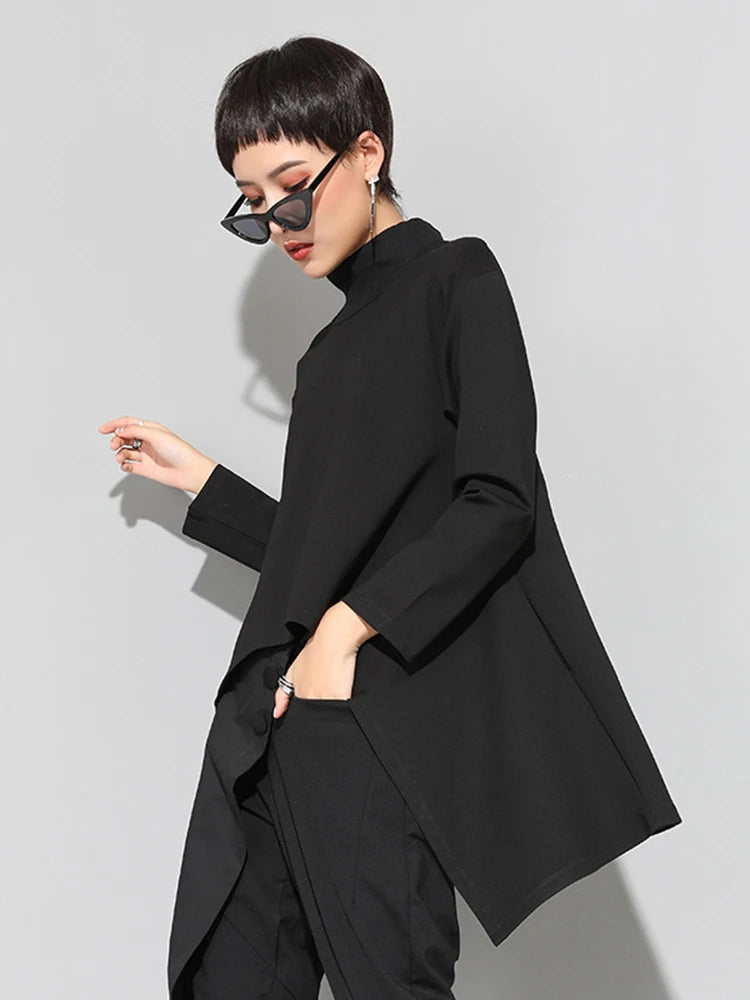 Spring Autumn  High Collar Long Sleeve Black Irregular Hem Loose T-shirt Women Fashion Tide All-match JK397