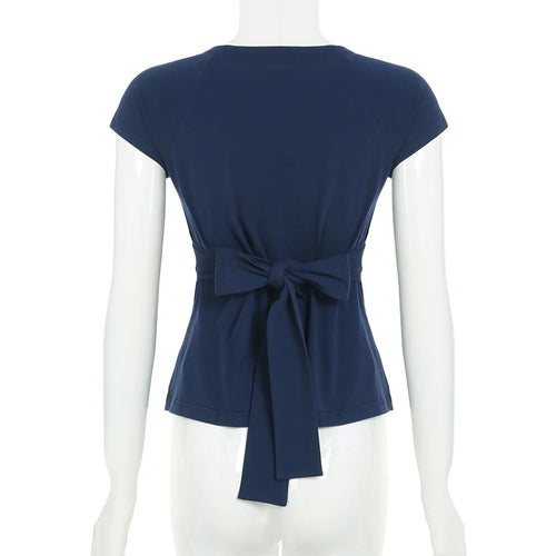 Load image into Gallery viewer, Casual Solid V-Neck Skinny Rear Strap T-shirts Women&#39;s Summer Short Sleevees All Match Basic Top Tees Fashion Clothes
