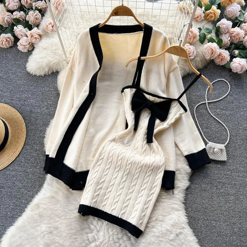 Load image into Gallery viewer, Autumn Winter Patchwork Knit Sweater Suit Single Breasted Cardigan Top+ Strap Bow Twist Bodycon Slip Dress Women Warm Sets Trend
