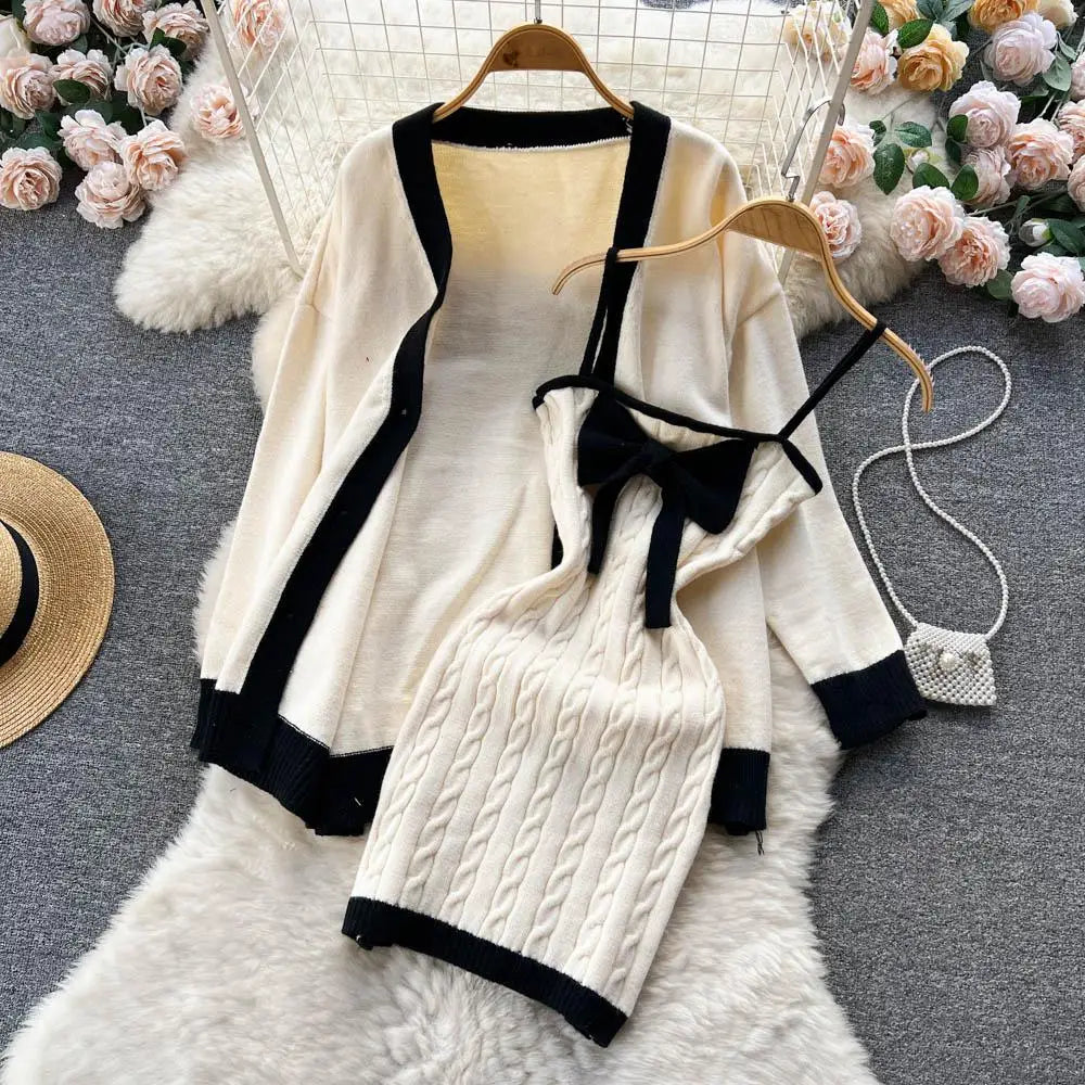 Autumn Winter Patchwork Knit Sweater Suit Single Breasted Cardigan Top+ Strap Bow Twist Bodycon Slip Dress Women Warm Sets Trend