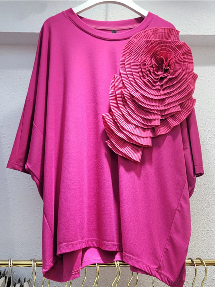 Women Rose Red Three-dimensional Flower Big Size T-shirt New Round Neck Short Sleeve Fashion Spring Summer 2025 1DH9985