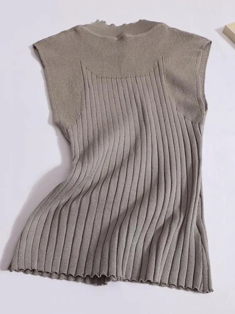 Korean Women Solid Striped Round Neck Knitted Vest 2024 Summer Sleeveless Basic Pullover Tank Tops Versatile Streetwear clothes