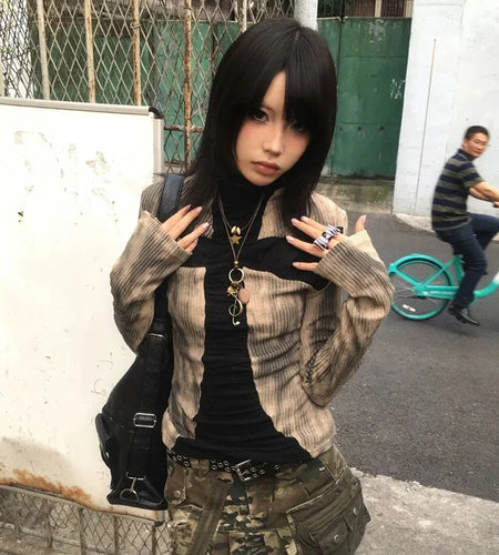 Japanese Y2k Ribbed Tops Vintage Harajuku Cross Print T-shirt Grunge Aesthetics Long Sleeve Patchwork Tops Trashy 2000s