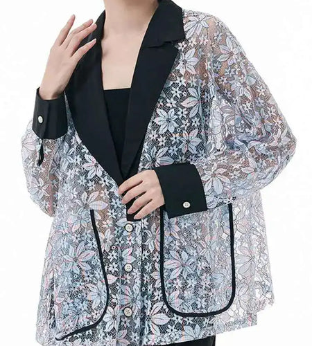 Women Lace Pocket Perspective Big Size Casual Blazer New Lapel Long Sleeve Jacket Fashion Tide Spring Autumn 2025 1DH3294