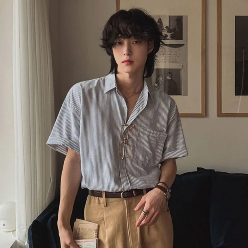 Men's Shirts New Summer Striped Short Sleeved Loose Male Lapel Casual Single Breasted Shirt Korean Trendy Male Top 9W1621