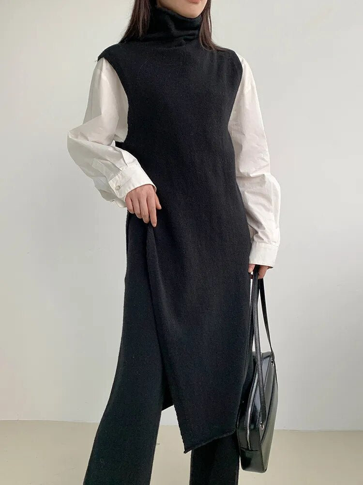 Loose Knitting Sweater For Women Turtleneck Sleeveless Solid Minimalsit Side Split Pullover Female Clothing Fashion