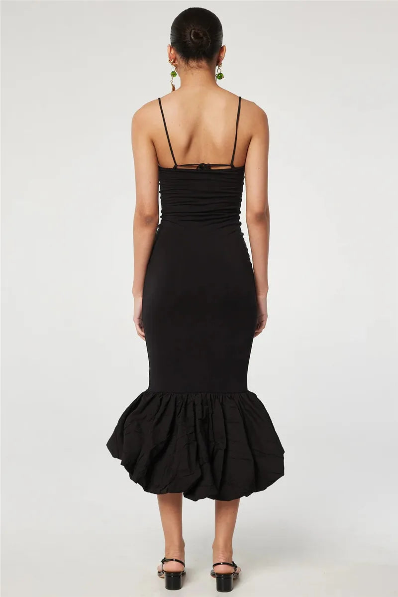 Spaghetti Strap Knit Fishtail Dress For Women Gown Black Sleeveless Backless Bodycon High Waist Sexy Long Dress Elegant