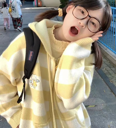 Japanese Kawaii Cartoon Dog Embroidery Knited Cardigan Women All Match Striped Sweater Jackets Hooded Coats Kardigany