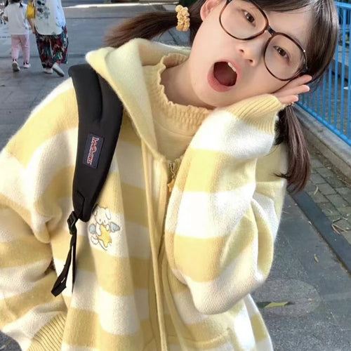 Load image into Gallery viewer, Japanese Kawaii Cartoon Dog Embroidery Knited Cardigan Women All Match Striped Sweater Jackets Hooded Coats Kardigany
