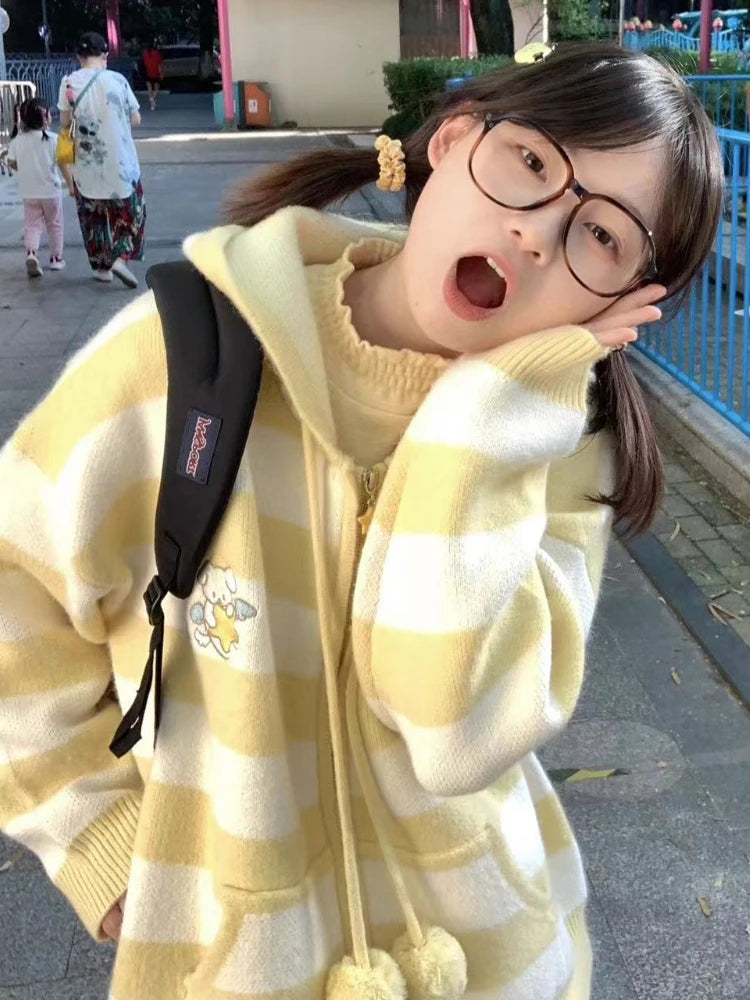 Japanese Kawaii Cartoon Dog Embroidery Knited Cardigan Women All Match Striped Sweater Jackets Hooded Coats Kardigany