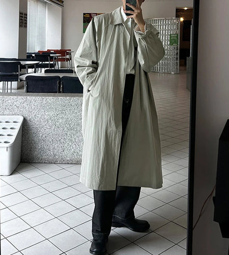 Korean Style Men's Windbreakers Turn-down Collar Single Breasted Solid Color Casual Overknee Loose Male Overcoats New9W1233