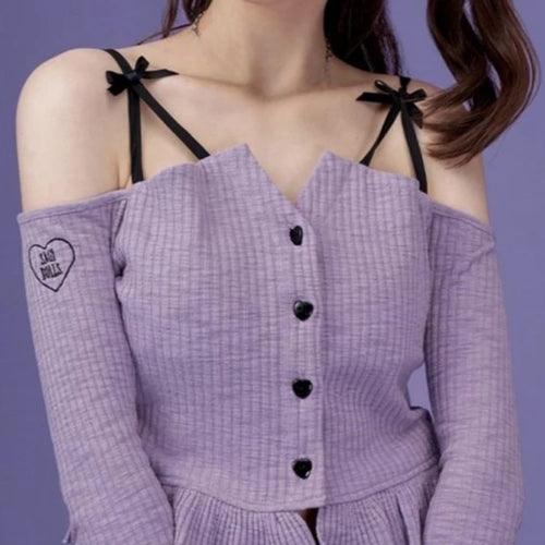 Load image into Gallery viewer, Slash Neck Y2k Aesthetic Embroidery Tshirts Purple Sweet Ruffled Women Slim Cropped Tees Vintage Harajuku Flare Sleeve T-shirt
