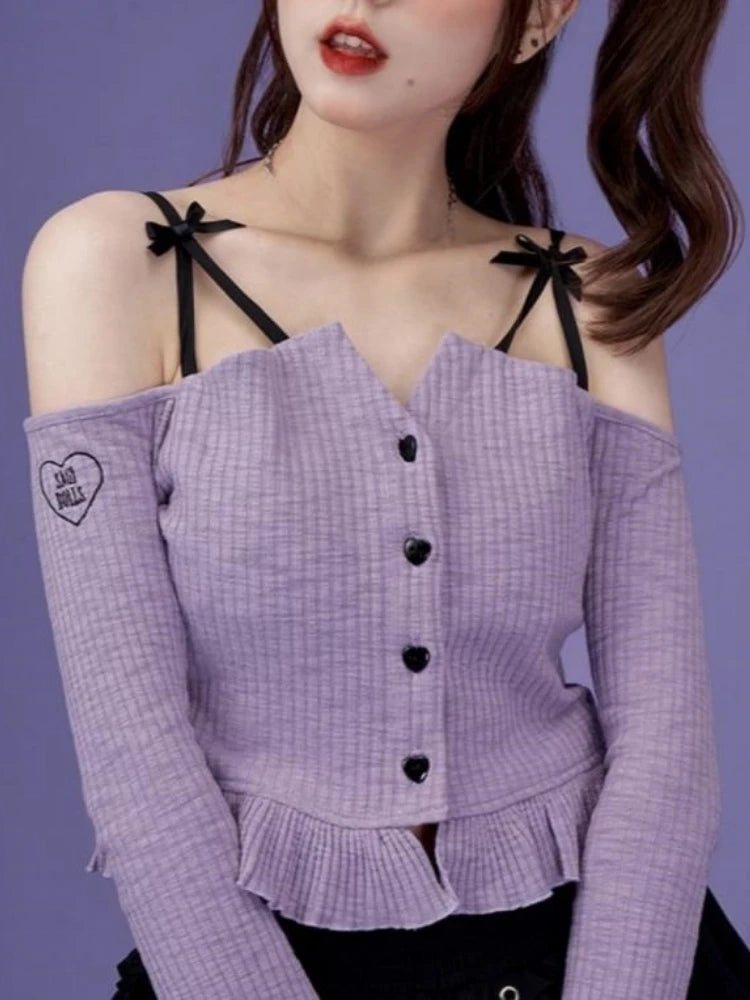 Slash Neck Y2k Aesthetic Embroidery Tshirts Purple Sweet Ruffled Women Slim Cropped Tees Vintage Harajuku Flare Sleeve T-shirt
