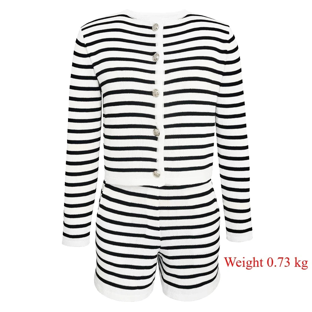 Autumn Black and White Striped Shorts Set Women Fashion Striped Sweater Cardigan and High Waist Sets Casual Outfit