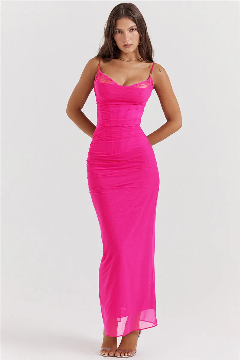 Elegant Spaghetti Strap Backless Sexy Maxi Dress For Women Fashion Two Layer Mesh Sleeveless Bodycon Club Party Dress