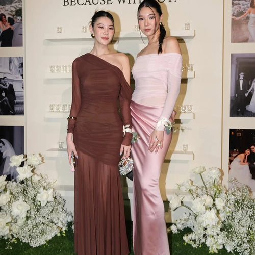 Load image into Gallery viewer, Oblique Shoulder Long Sleeve Sexy Maxi Dress For Women Fashion Mesh Backless Bodycon Ruched Club Evening Long Dress
