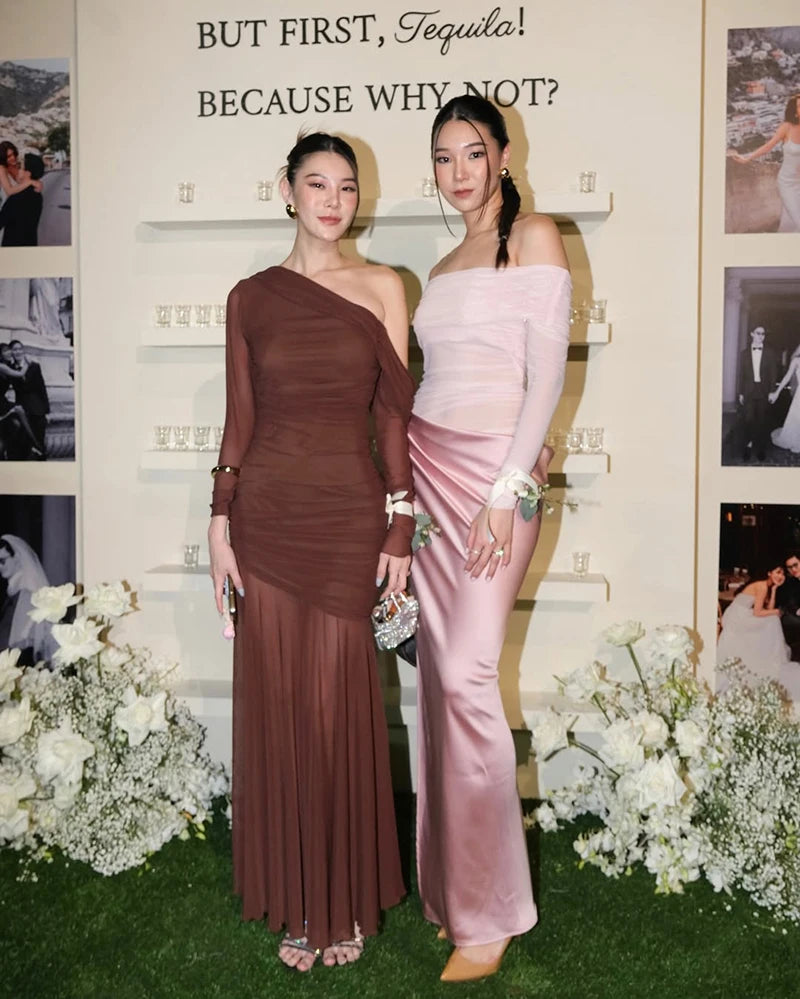 Oblique Shoulder Long Sleeve Sexy Maxi Dress For Women Fashion Mesh Backless Bodycon Ruched Club Evening Long Dress