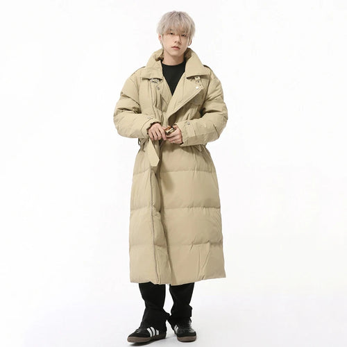 Load image into Gallery viewer, Korean Style Men&#39;s Padded Jackets Stand Collar Belt Design Solid Color Overknee Casual Male Cotton Coats New Winter 9C9220
