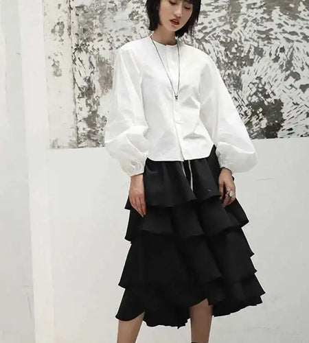 Women White Elegant Blouse New Stand Collar Long Lantern Sleeve Loose Fit Shirt Fashion Tide Spring Autumn 2025 JI516