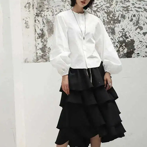 Load image into Gallery viewer, Women White Elegant Blouse New Stand Collar Long Lantern Sleeve Loose Fit Shirt Fashion Tide Spring Autumn 2025 JI516
