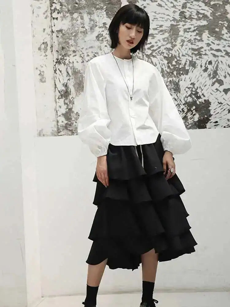 Women White Elegant Blouse New Stand Collar Long Lantern Sleeve Loose Fit Shirt Fashion Tide Spring Autumn 2025 JI516