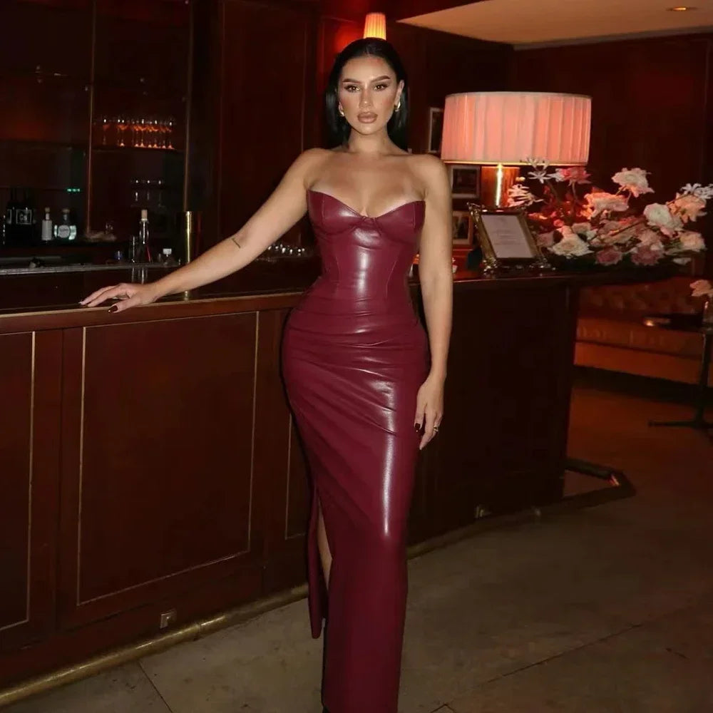 Autumn Strapless Party Dresses 2024 New Arrivals Wine PU Corset  Dress Sexy Midi Bodycon Night Event Dress Women