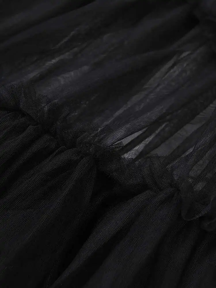 Women Black Layers Mesh Long Big Size Dress New Round Neck Short Sleeve Loose Fit Fashion Tide Spring Summer 2025 16R3054