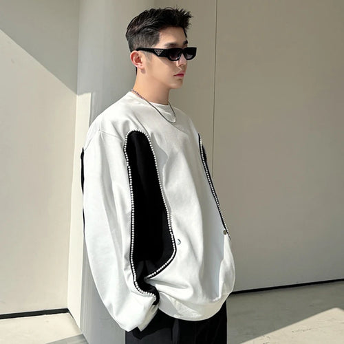 Load image into Gallery viewer, Korean Chic Men&#39;s T-shirt Round Collar Contrast Color Pearl Patchwork Design Male Round Neck Long Sleeve Top Spring 9C5123
